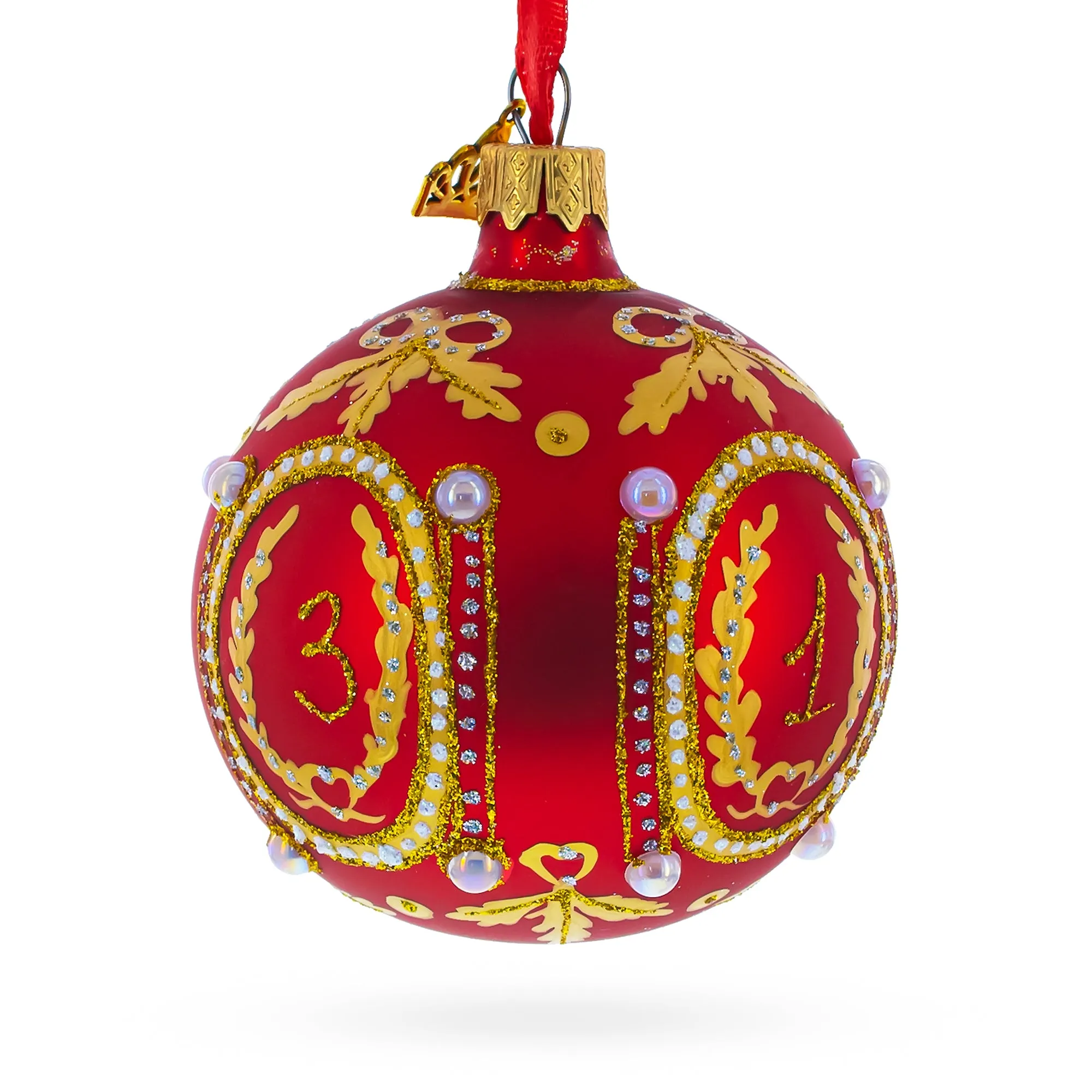 1893 Caucasus Royal Egg Red Blown Glass Ball Christmas Ornament 3.25 Inches