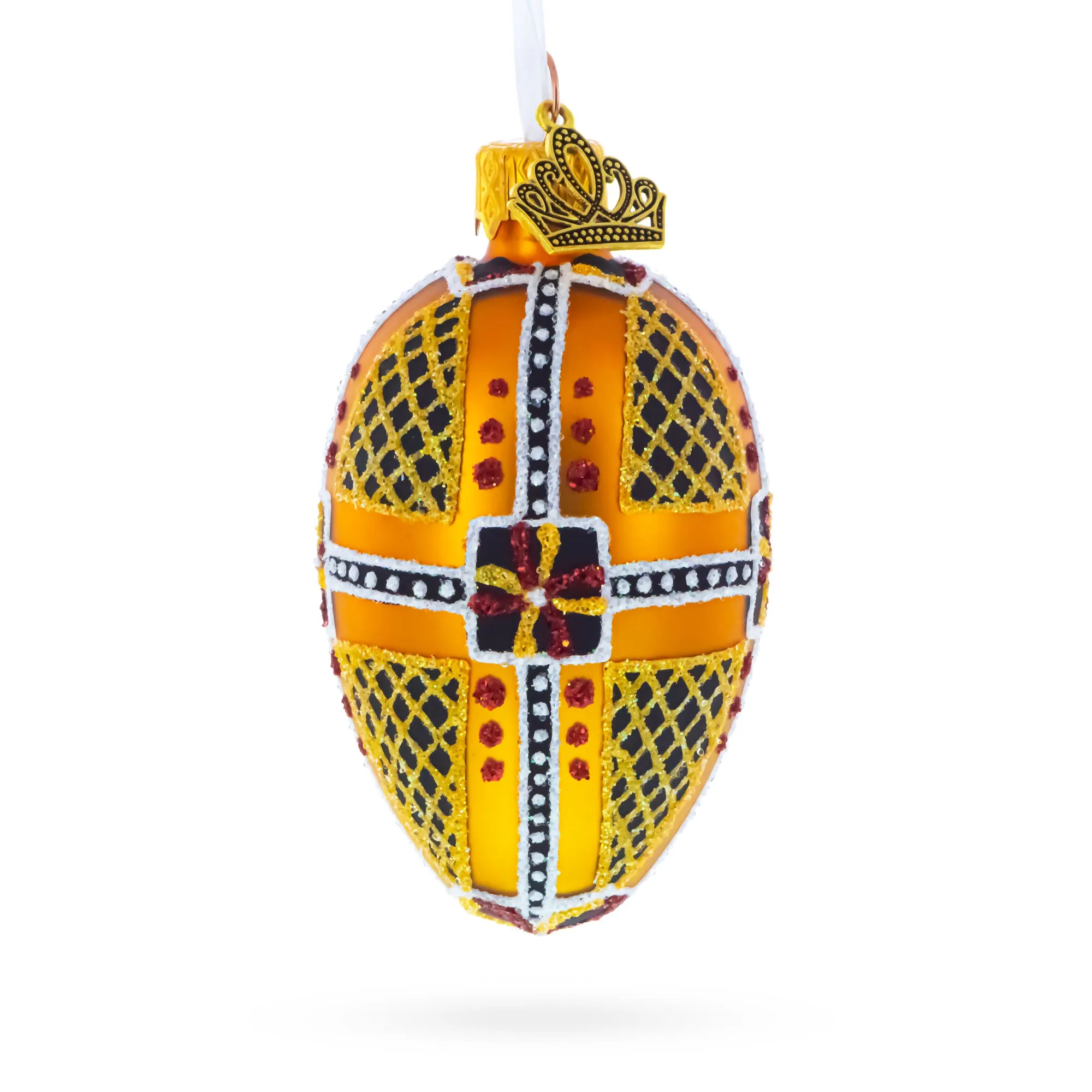 Amber with Red, Black, and Gold Geometric Pattern Mini Glass Egg Ornament 2.9 Inches