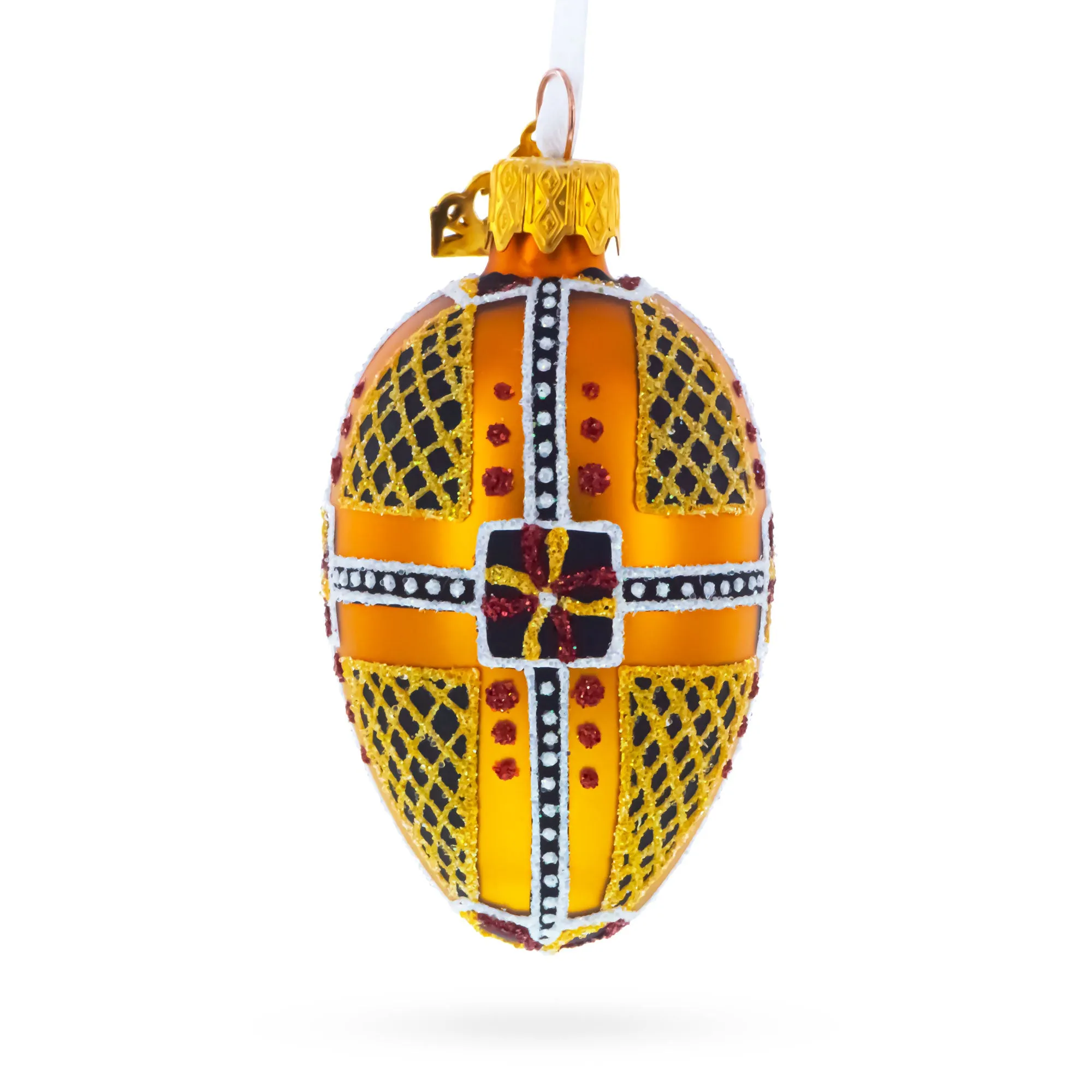 Amber with Red, Black, and Gold Geometric Pattern Mini Glass Egg Ornament 2.9 Inches