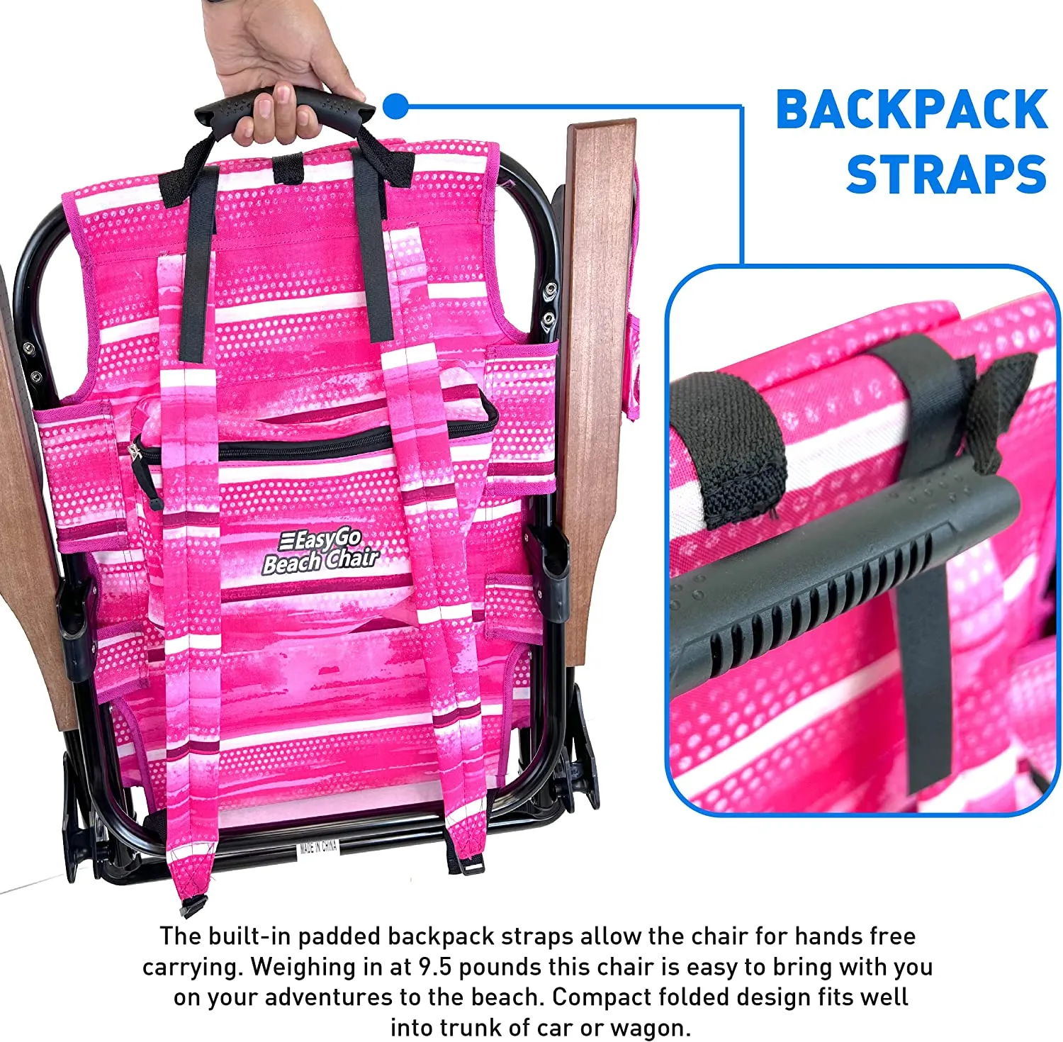 Backpack Beach Chair - 5 Positions and Lays Flat – Deluxe Wood Arm Rests – Cup Holder Storage Pouch on Side - Padded Pillow - Storage Bag on Back – Lightweight Rustproof Aluminum – 1 Pack Pink Stripes