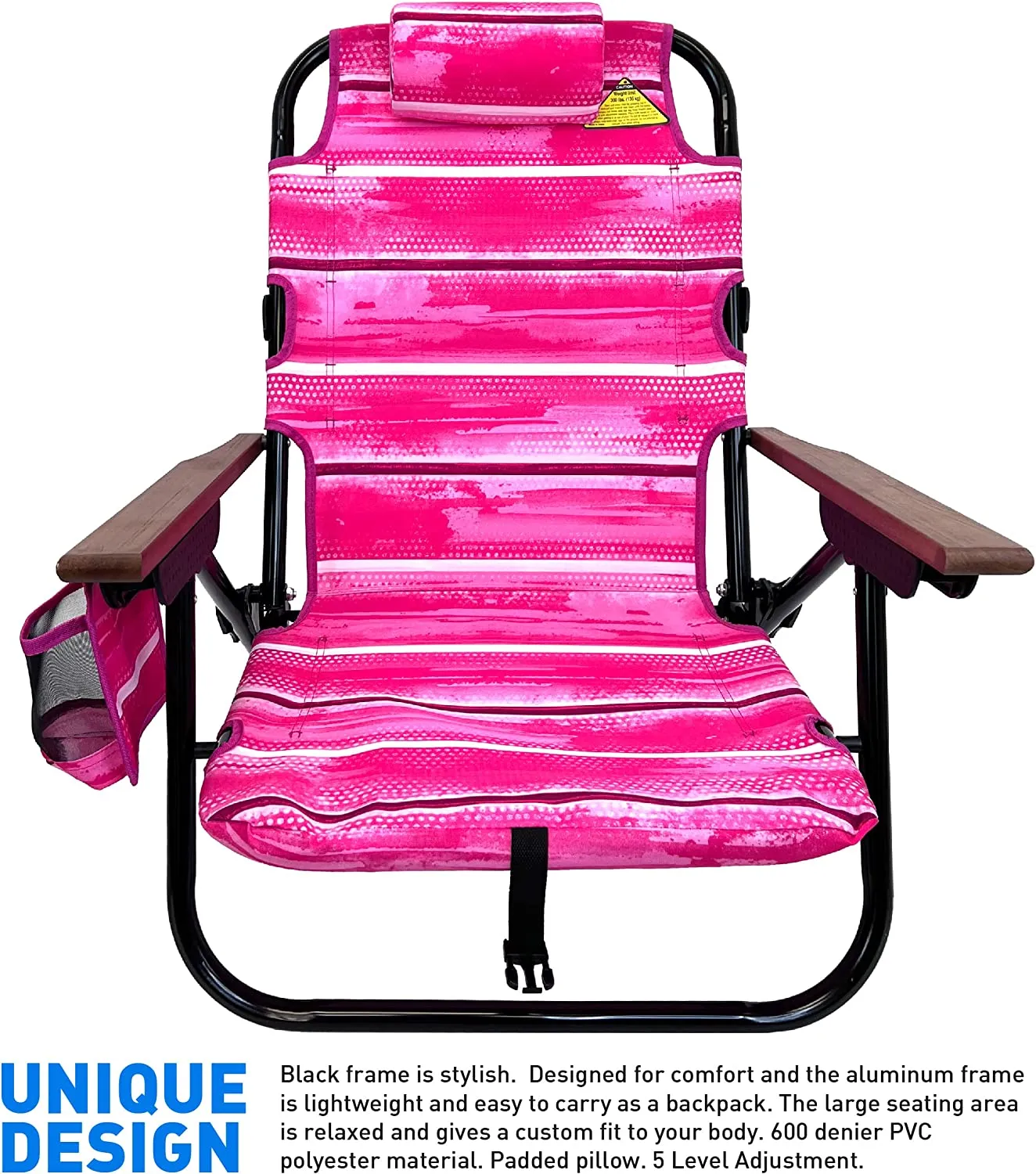 Backpack Beach Chair - 5 Positions and Lays Flat – Deluxe Wood Arm Rests – Cup Holder Storage Pouch on Side - Padded Pillow - Storage Bag on Back – Lightweight Rustproof Aluminum – 1 Pack Pink Stripes