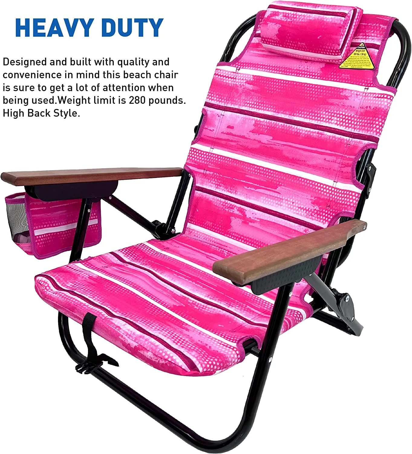 Backpack Beach Chair - 5 Positions and Lays Flat – Deluxe Wood Arm Rests – Cup Holder Storage Pouch on Side - Padded Pillow - Storage Bag on Back – Lightweight Rustproof Aluminum – 1 Pack Pink Stripes