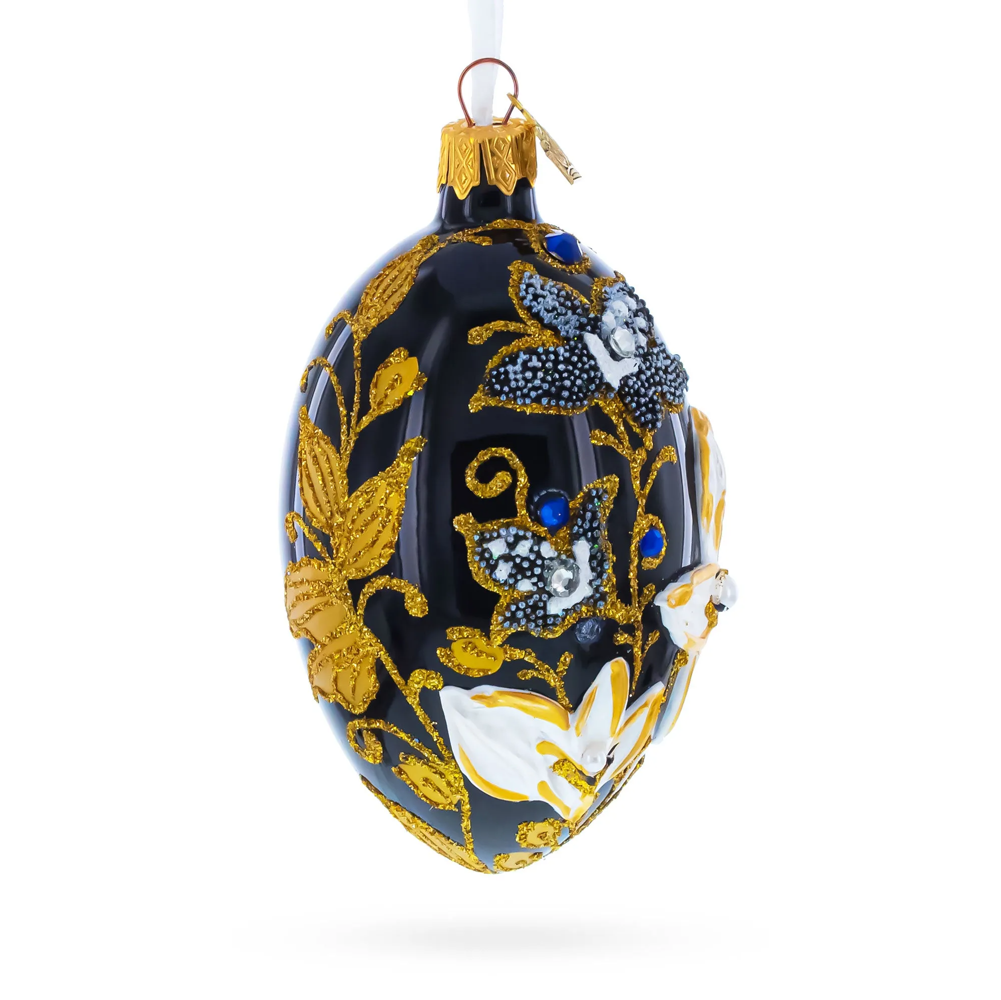 Black and Gold Floral with Jewel Accents Glass Egg Ornament