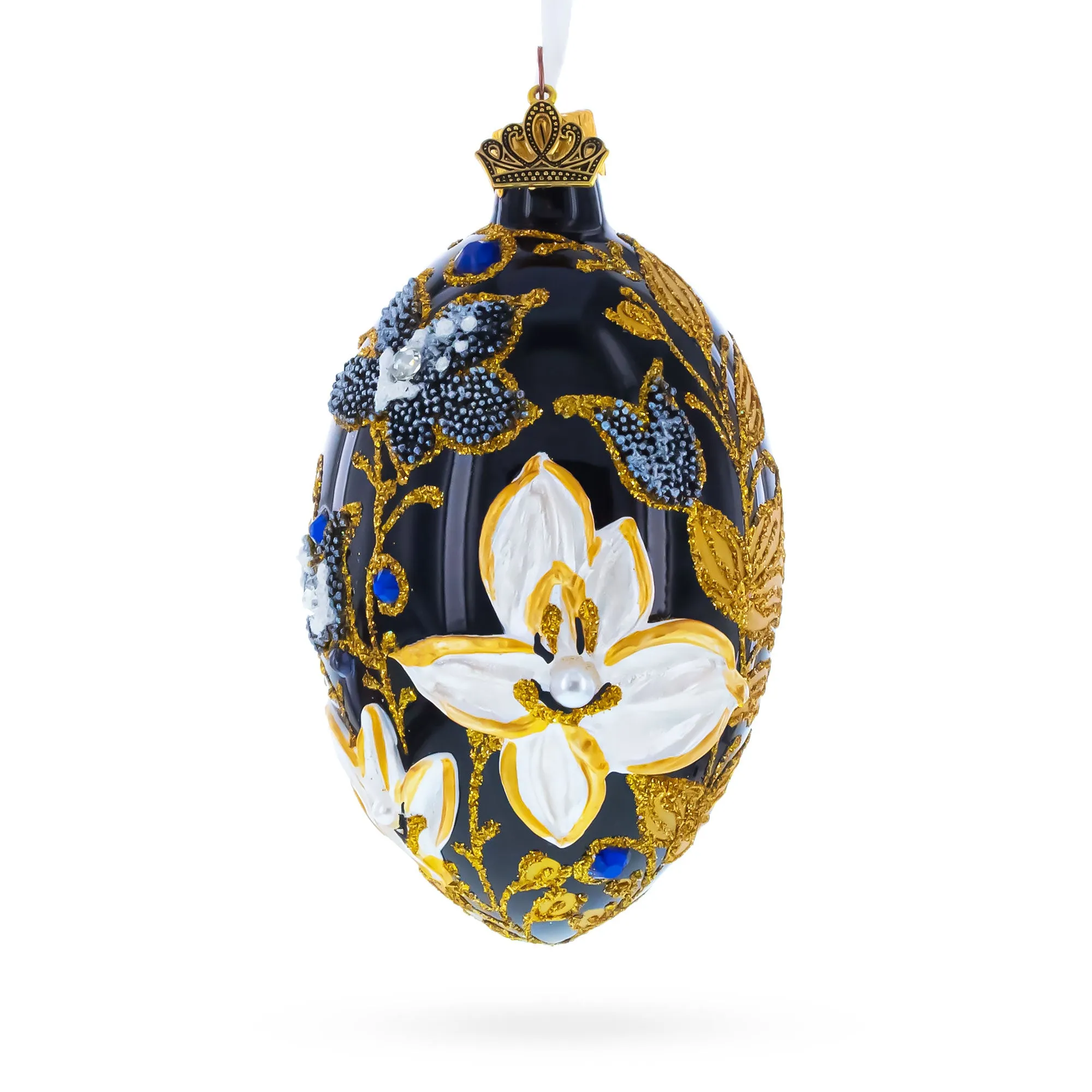 Black and Gold Floral with Jewel Accents Glass Egg Ornament