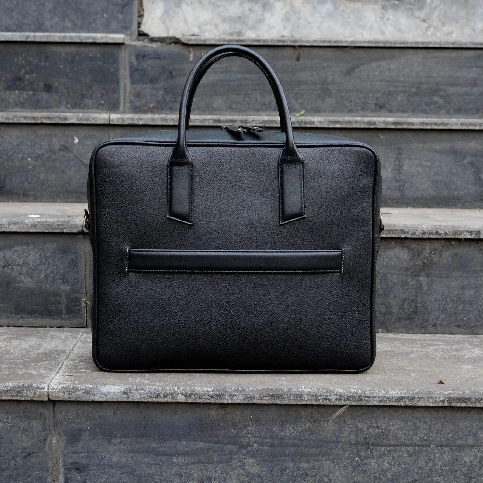 Black Leather Briefcase Bag With Trolley Sleeve