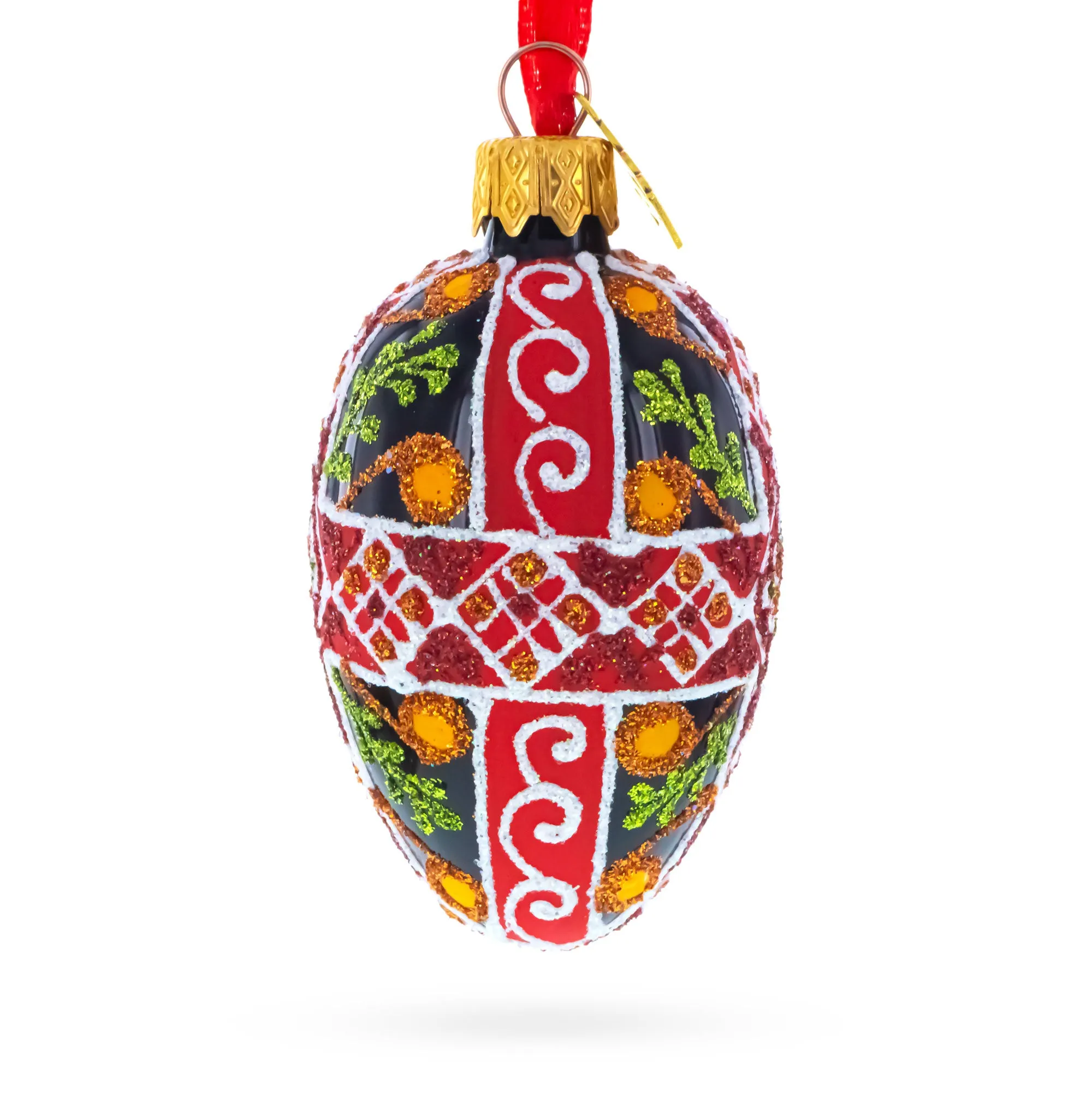 Black with Red, Green, and Gold Glitter Cross Pattern Mini Glass Egg Ornament 2.9 Inches