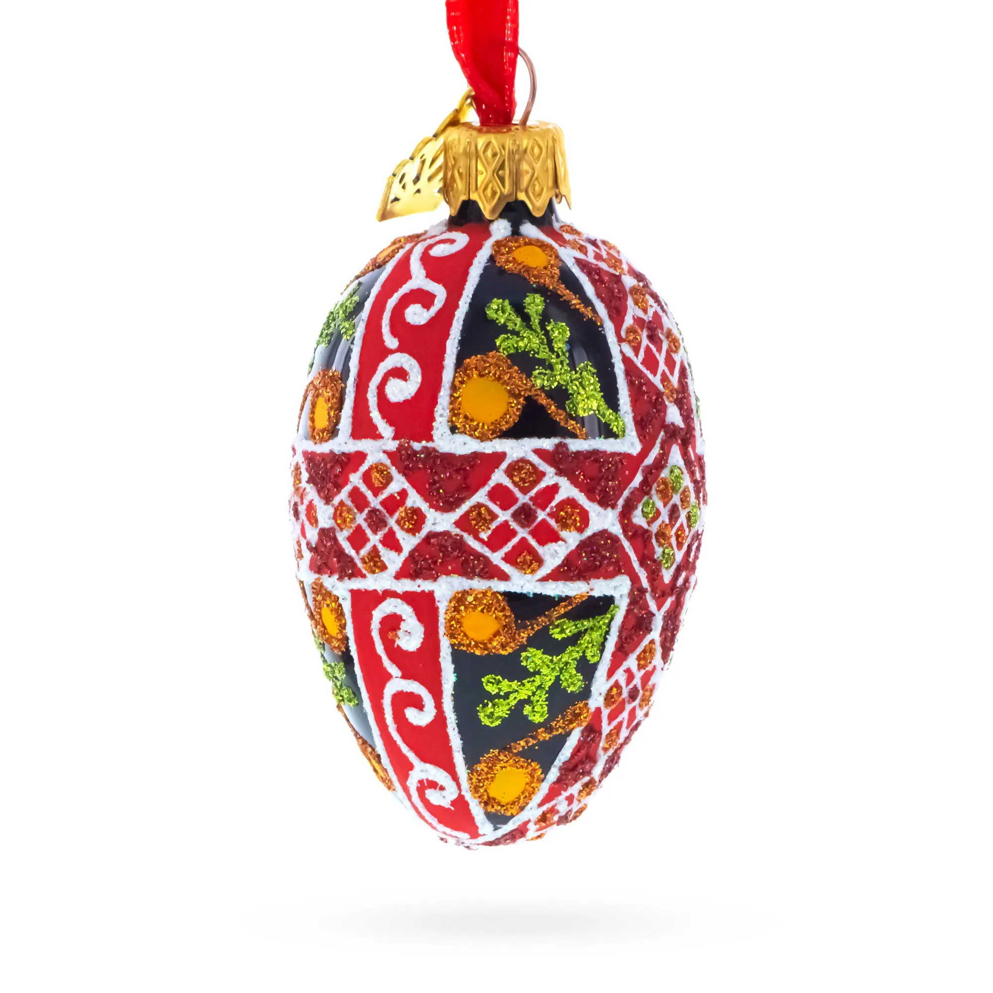 Black with Red, Green, and Gold Glitter Cross Pattern Mini Glass Egg Ornament 2.9 Inches