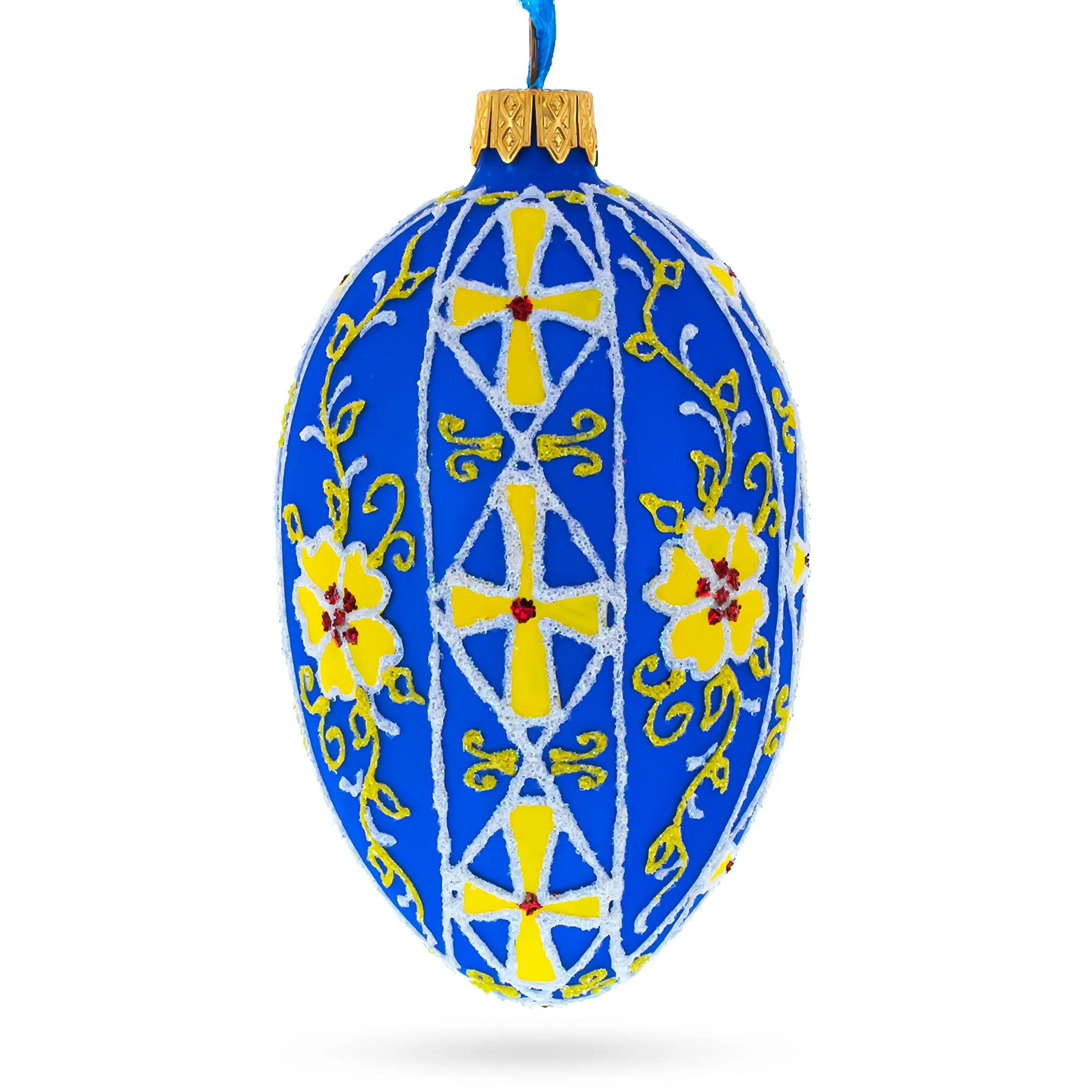 Blue with Yellow Floral Design Glass Egg Ornament 4 Inches