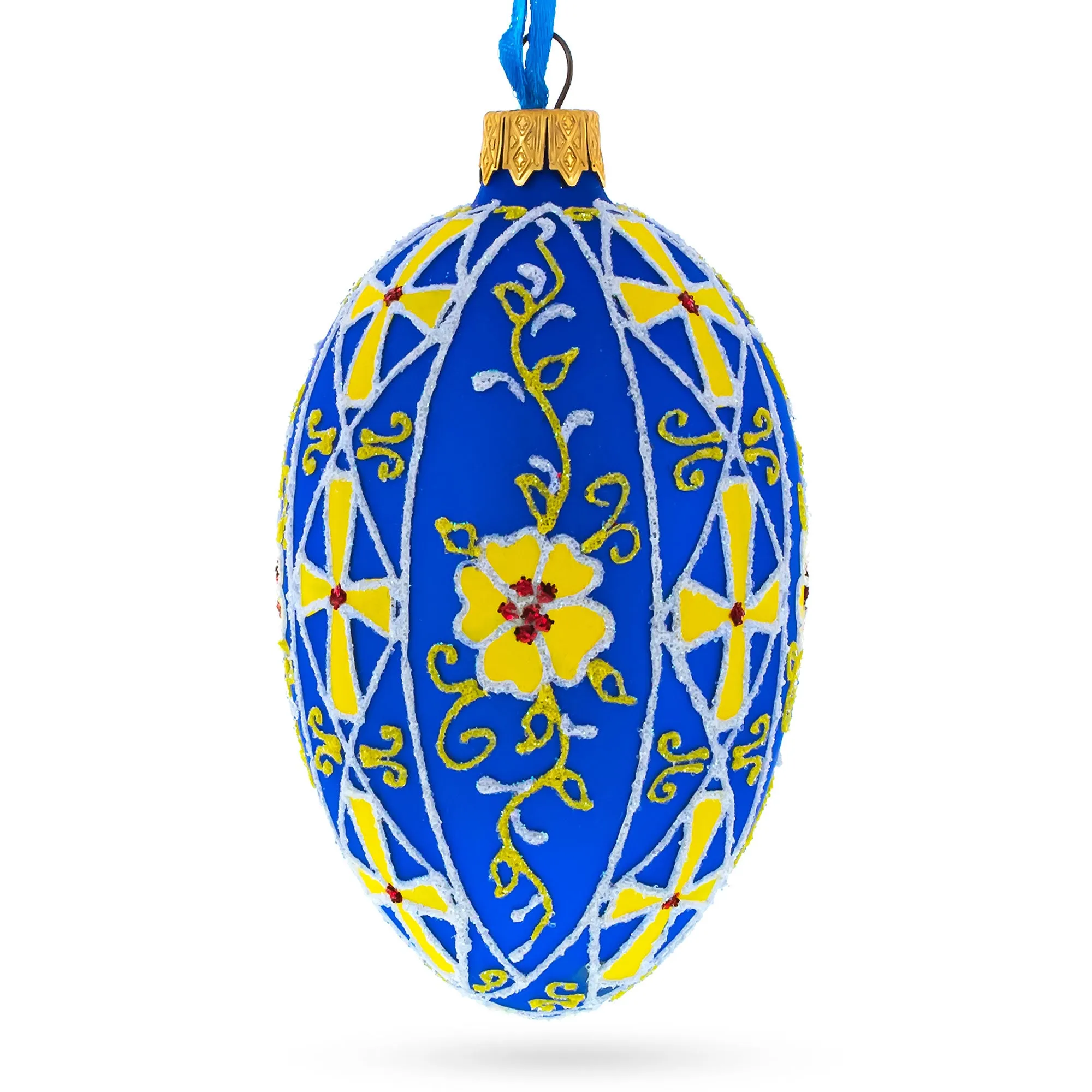 Blue with Yellow Floral Design Glass Egg Ornament 4 Inches