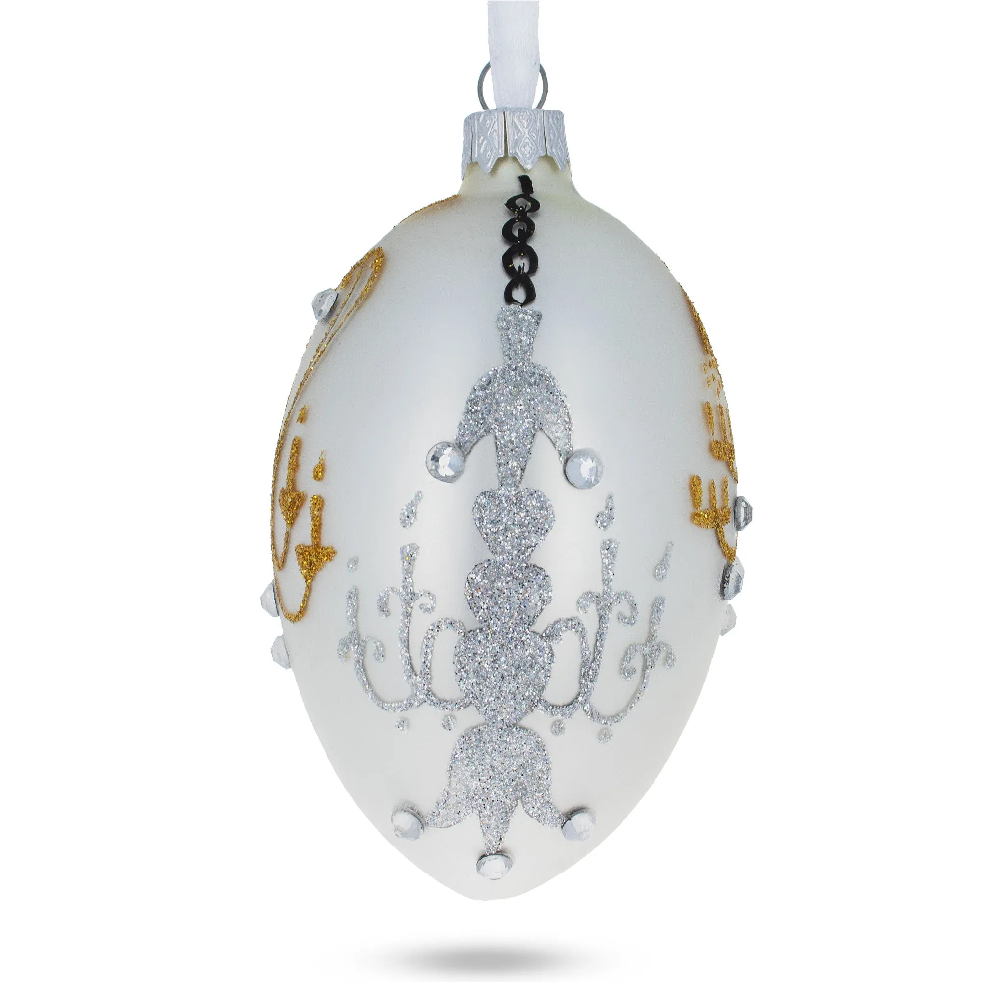 Chandeliers On White Glass Egg Ornament 4 Inches