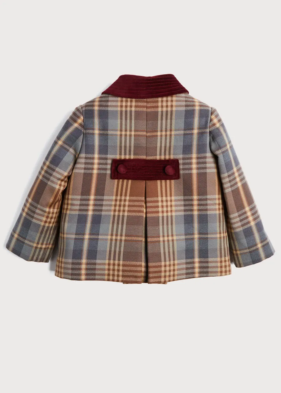 Check Print Jacket with Velvet Collar and Pockets in Brown (12mths-3yrs)