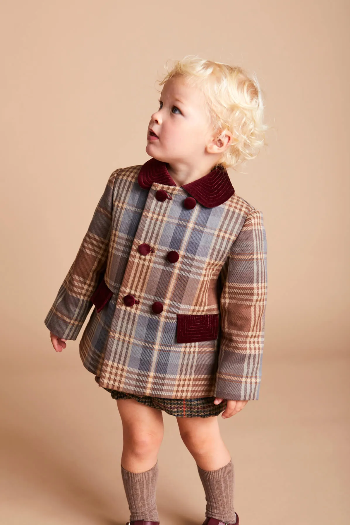 Check Print Jacket with Velvet Collar and Pockets in Brown (12mths-3yrs)