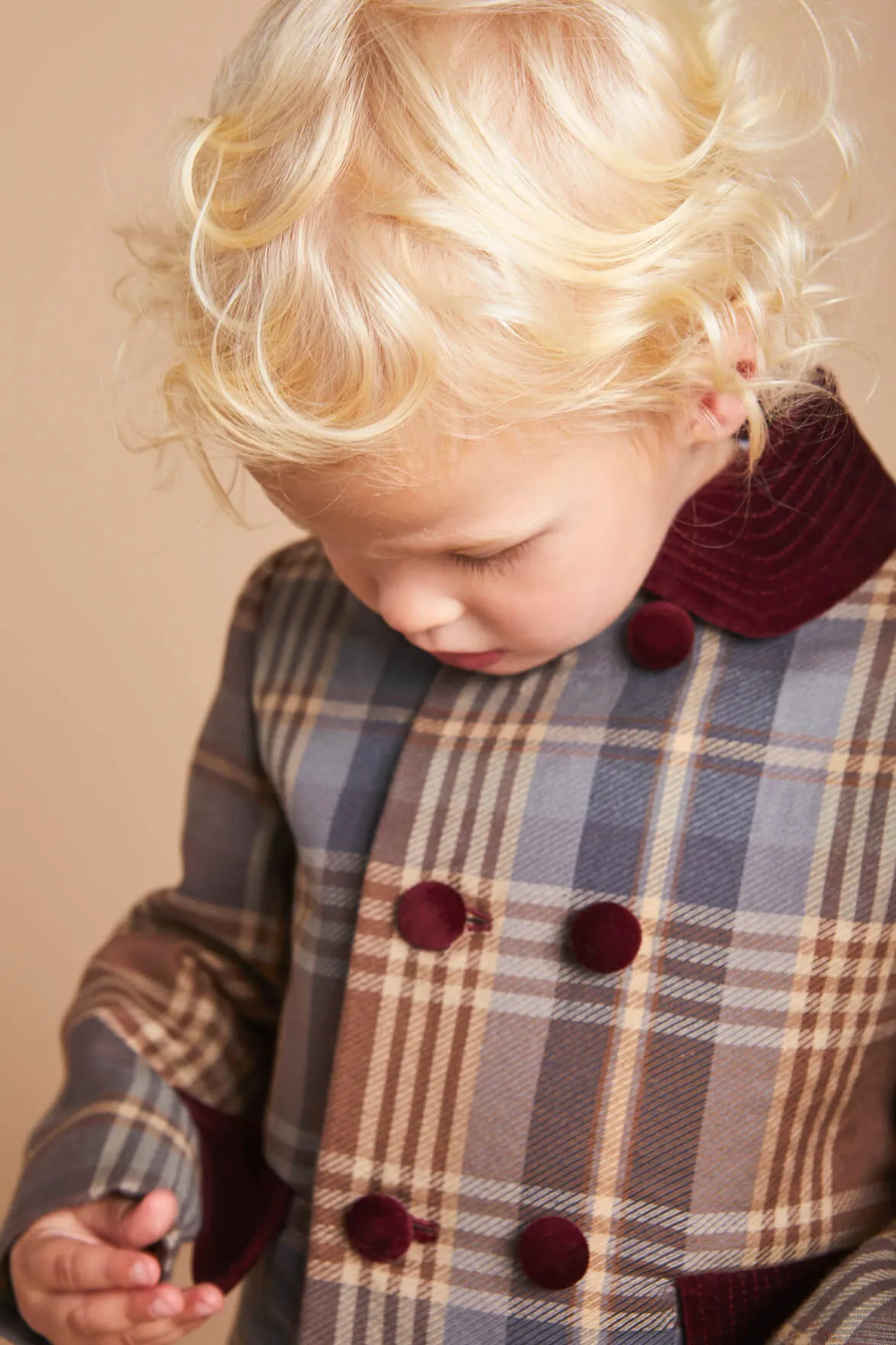 Check Print Jacket with Velvet Collar and Pockets in Brown (12mths-3yrs)