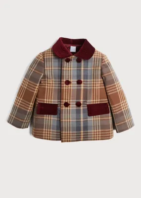 Check Print Jacket with Velvet Collar and Pockets in Brown (12mths-3yrs)