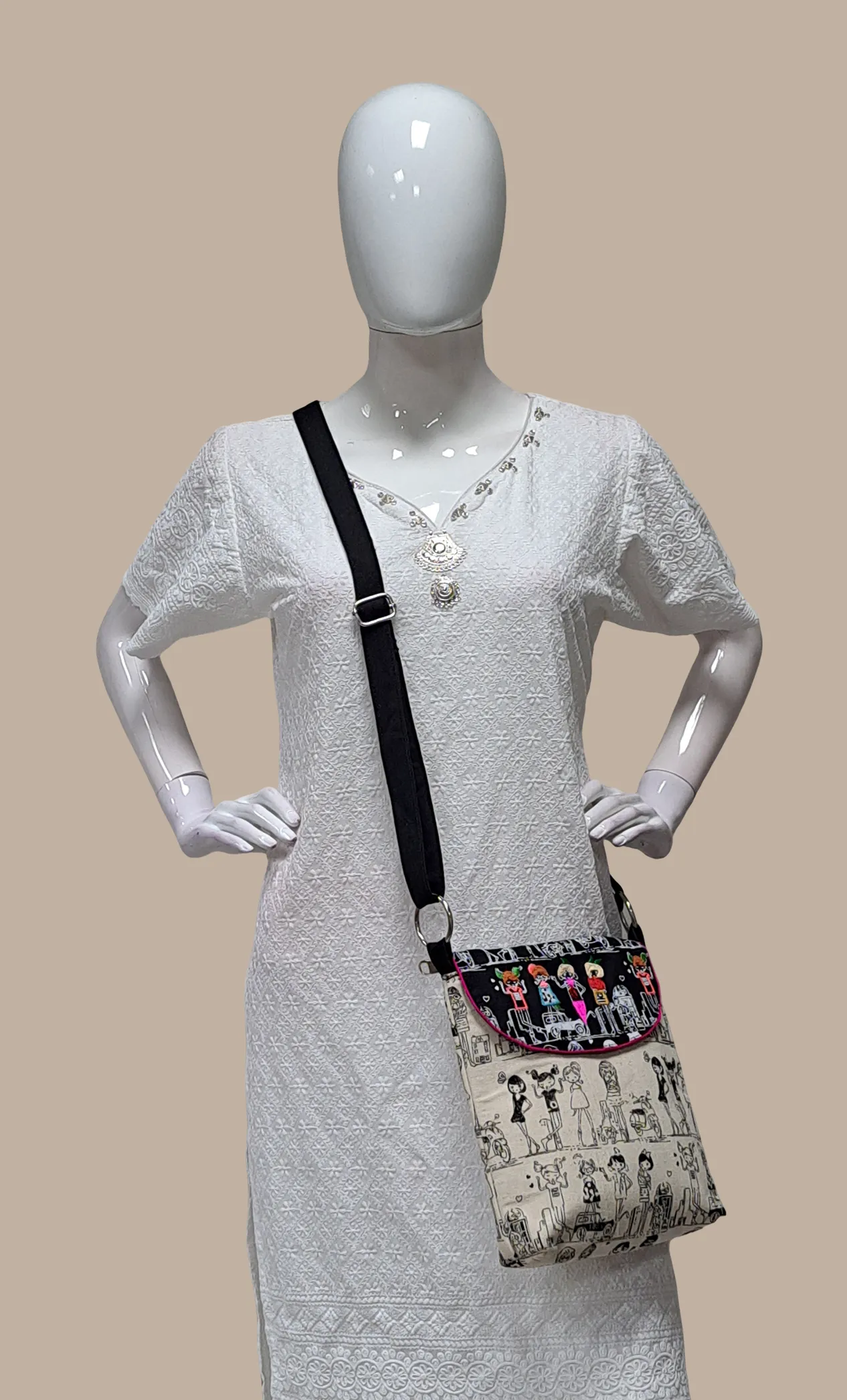 Cream Printed Sling Bag