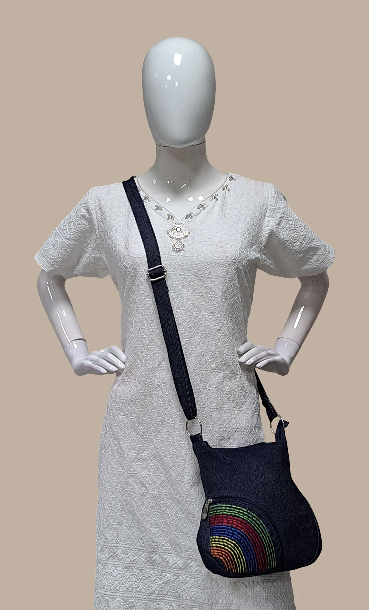 Denim Blue Embroidered Sling Bag