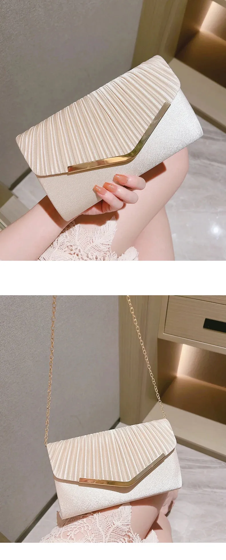 Elegant Pleated Envelope Clutch Formal Banquet Handbag