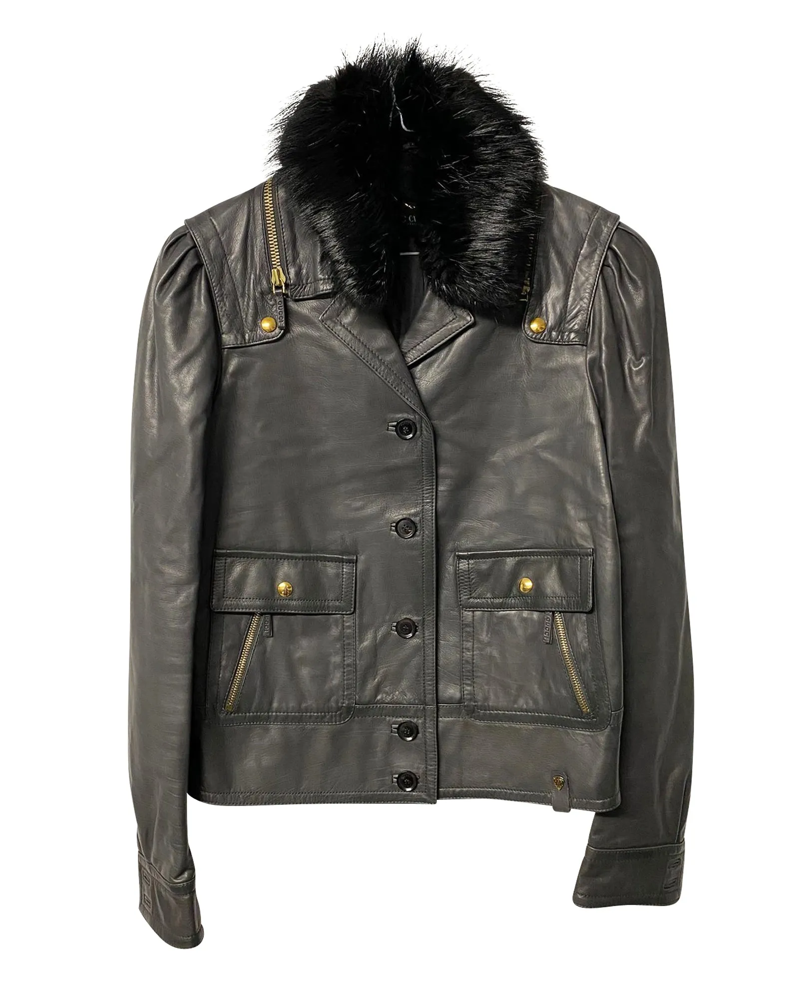 Gucci Jacket with Fur Collar Detail in Black Leather