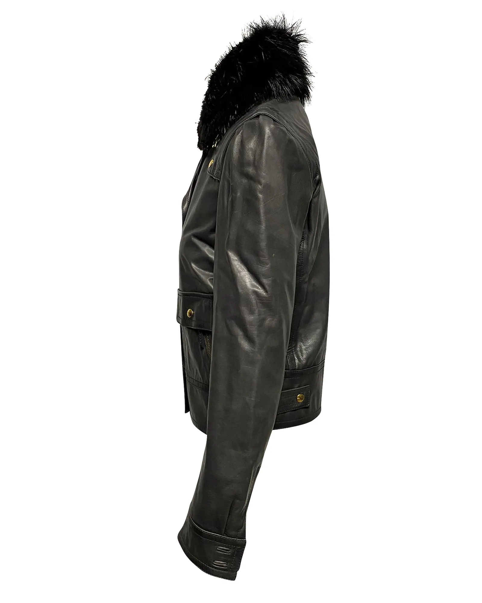 Gucci Jacket with Fur Collar Detail in Black Leather