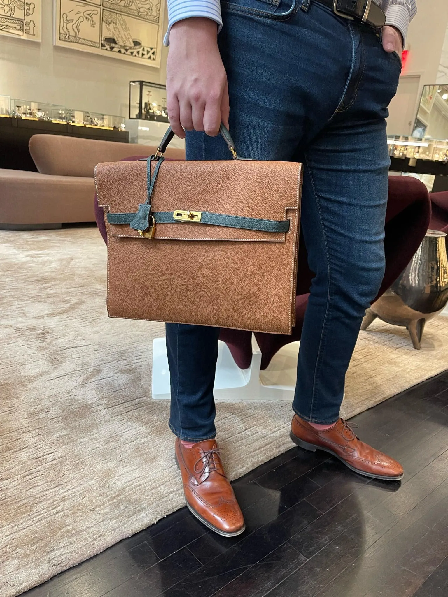 Hermès HSS Kelly Depeches 34 Gold and Vert Cypress Togo Gold Hardware