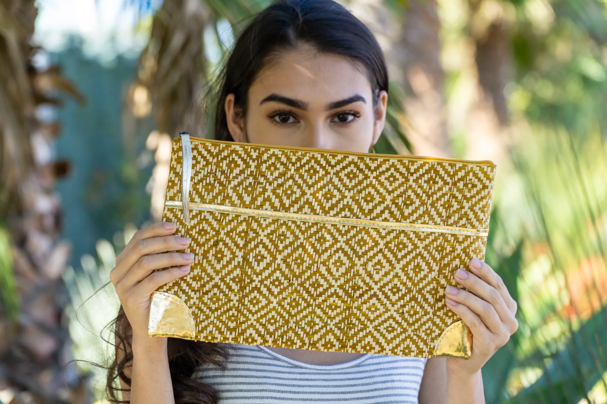 Inverness Woven Straw Clutch with Metallic Accents