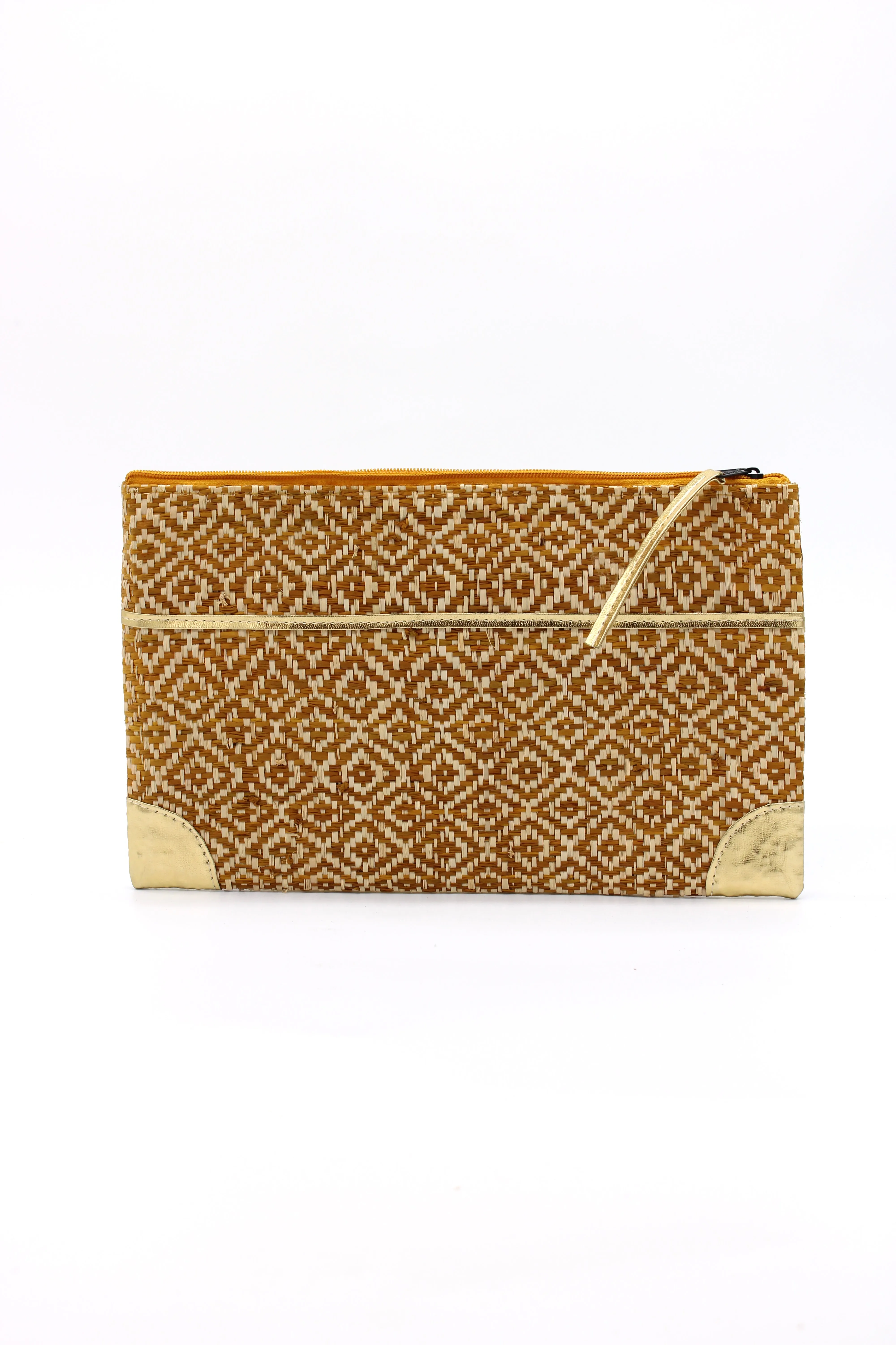 Inverness Woven Straw Clutch with Metallic Accents