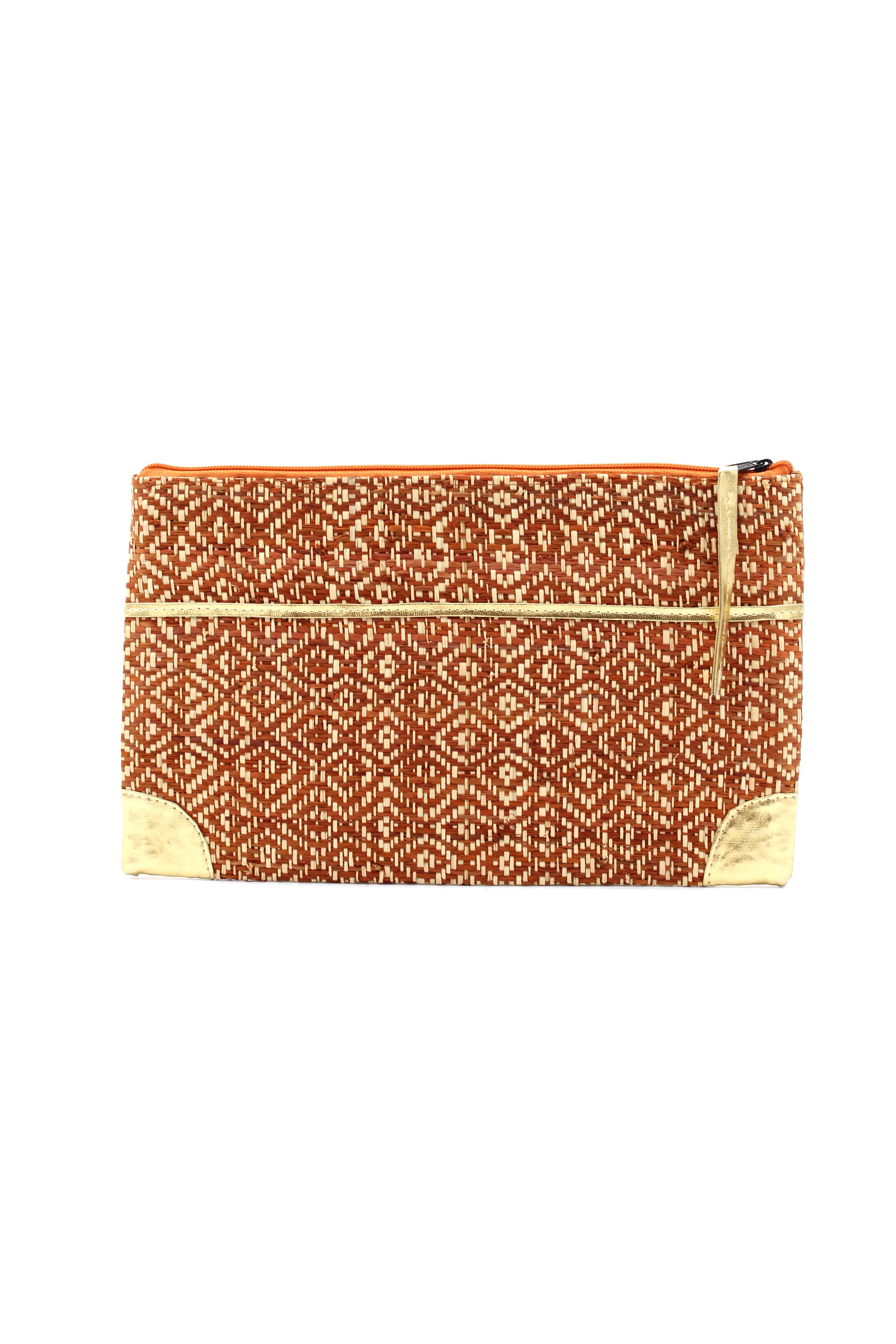 Inverness Woven Straw Clutch with Metallic Accents