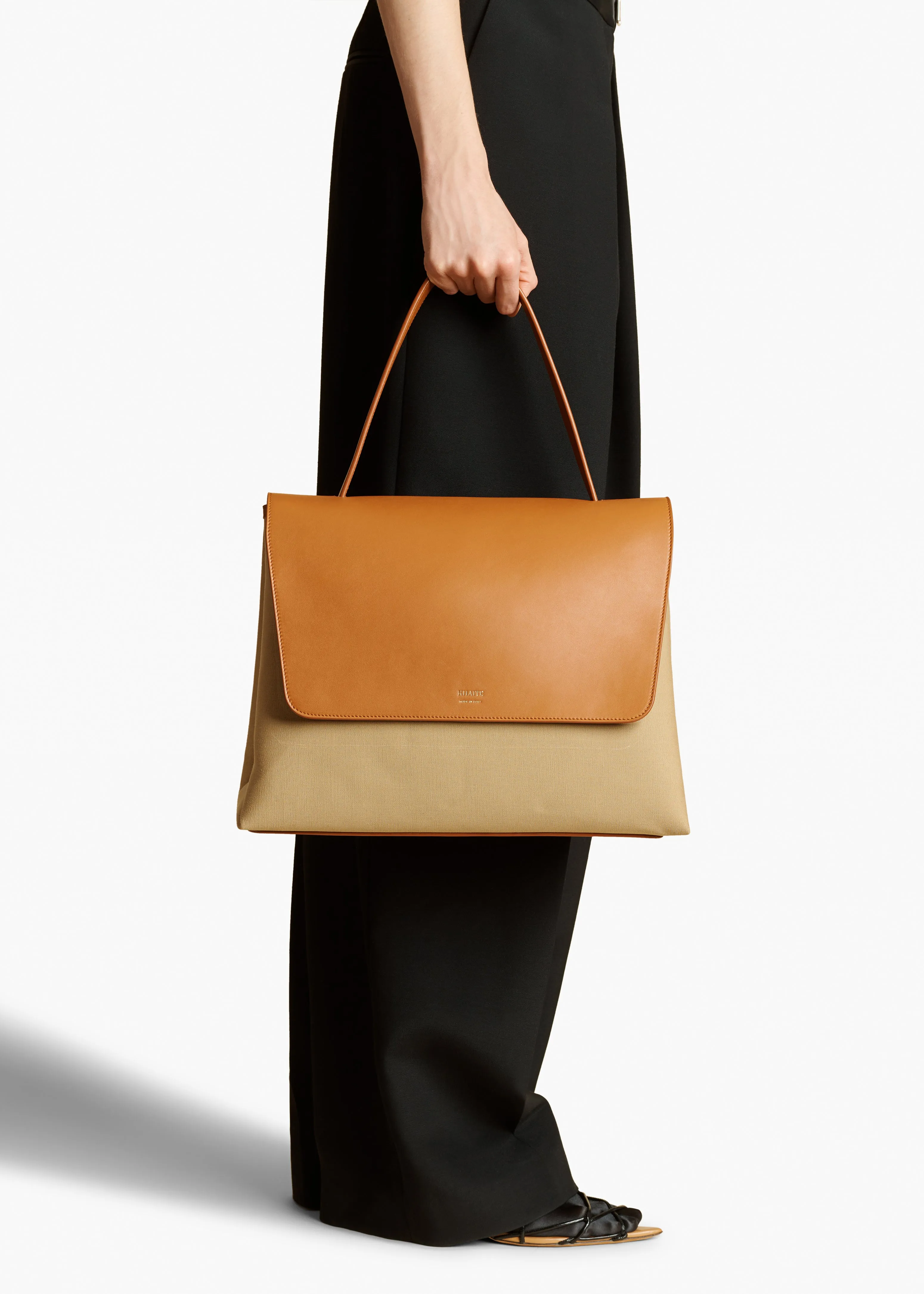 Large Lia Bag in Tan Leather and Honey Canvas