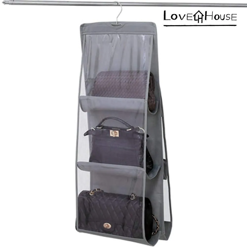 Love In The House Hanging Handbag Purse Organizer Household Wardrobe Closet Organizer Hanging Storage Bag 6 Large Storage Pockets (Grey, 36''x14''x14'')