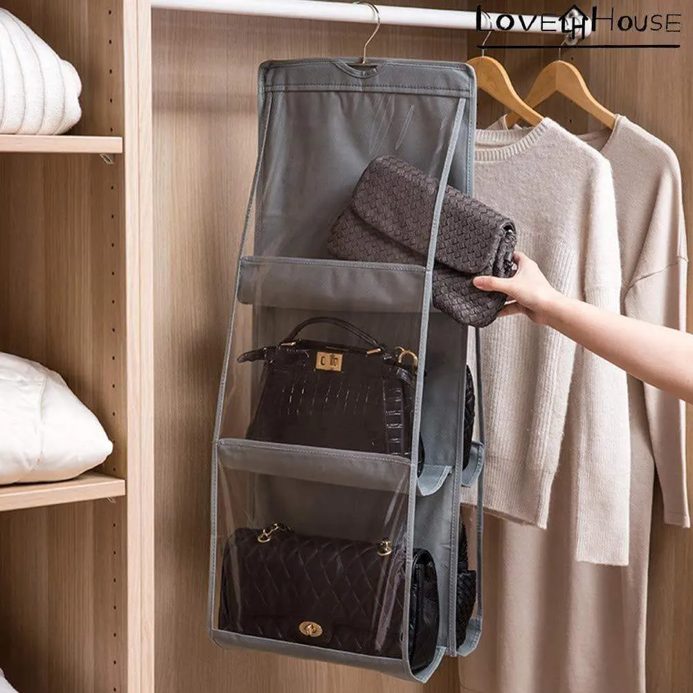 Love In The House Hanging Handbag Purse Organizer Household Wardrobe Closet Organizer Hanging Storage Bag 6 Large Storage Pockets (Grey, 36''x14''x14'')