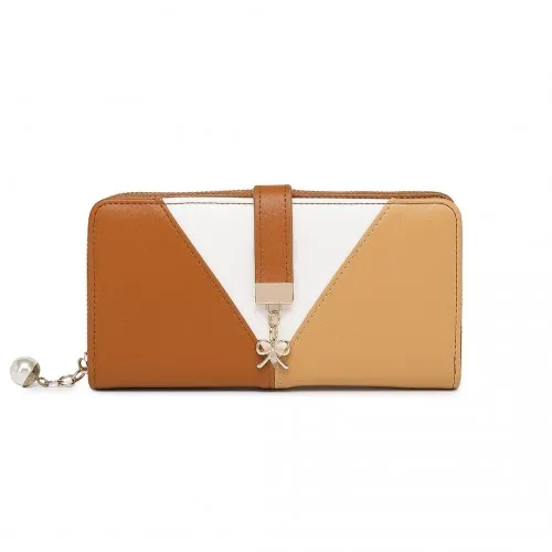 Miss Lulu Tri-colour V-shaped RFID Blocking PU Leather Clutch Long Purse - Brown | Stylish & Secure Women's Wallet