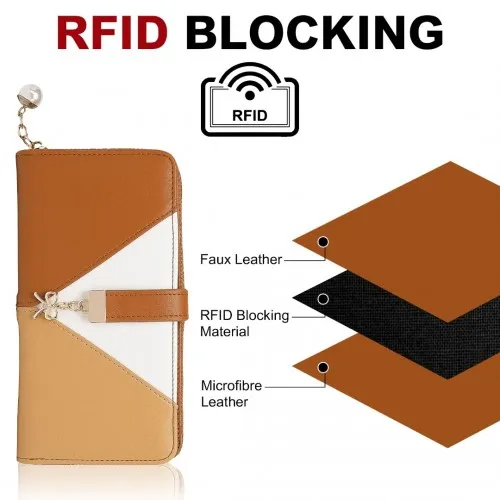 Miss Lulu Tri-colour V-shaped RFID Blocking PU Leather Clutch Long Purse - Brown | Stylish & Secure Women's Wallet