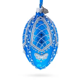 Pearls on Blue Glass Egg Ornament 4 Inches