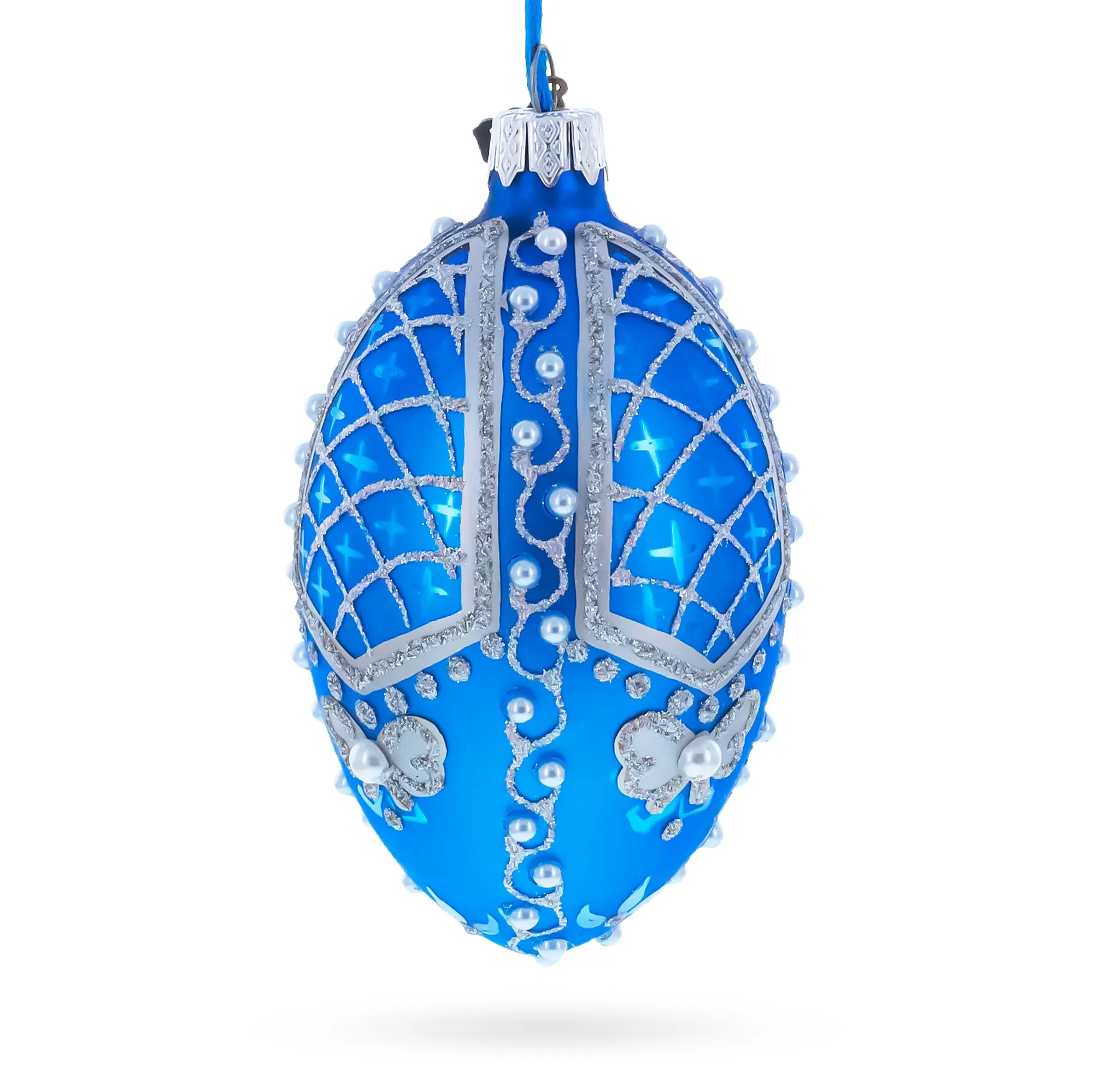 Pearls on Blue Glass Egg Ornament 4 Inches