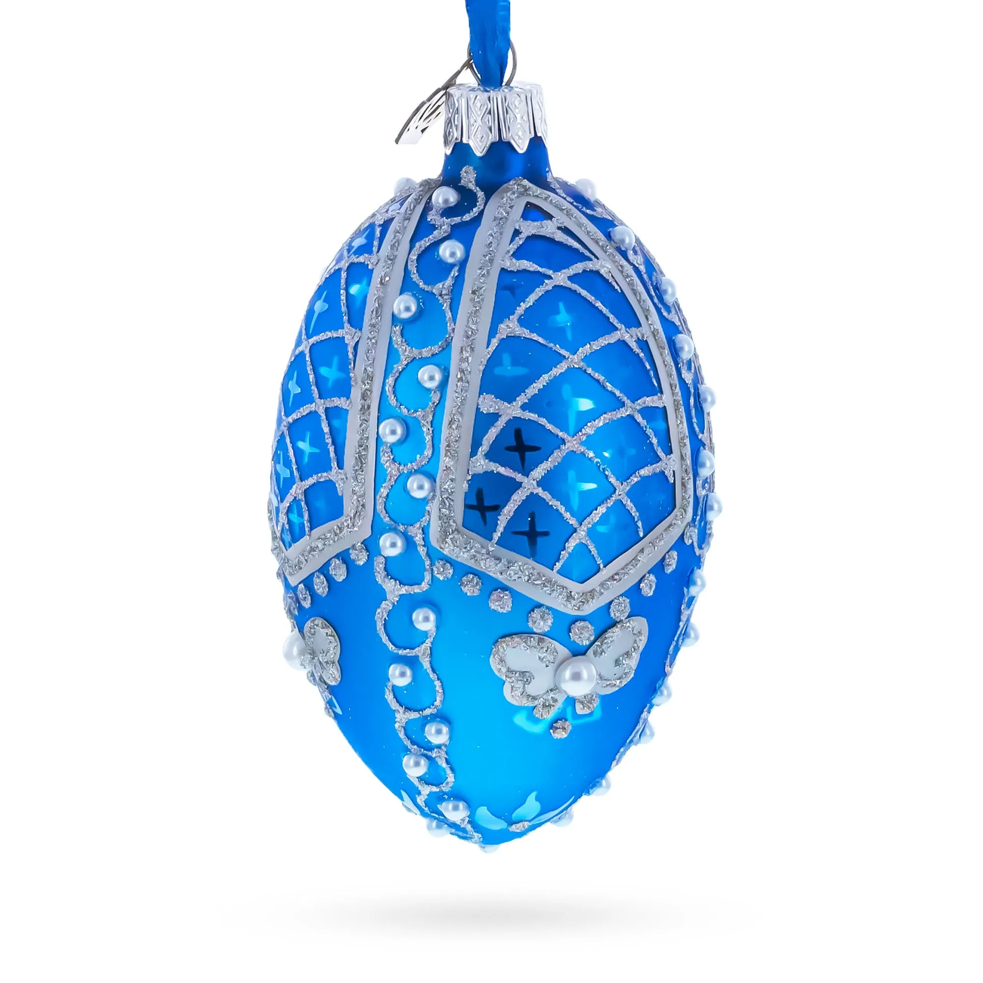 Pearls on Blue Glass Egg Ornament 4 Inches