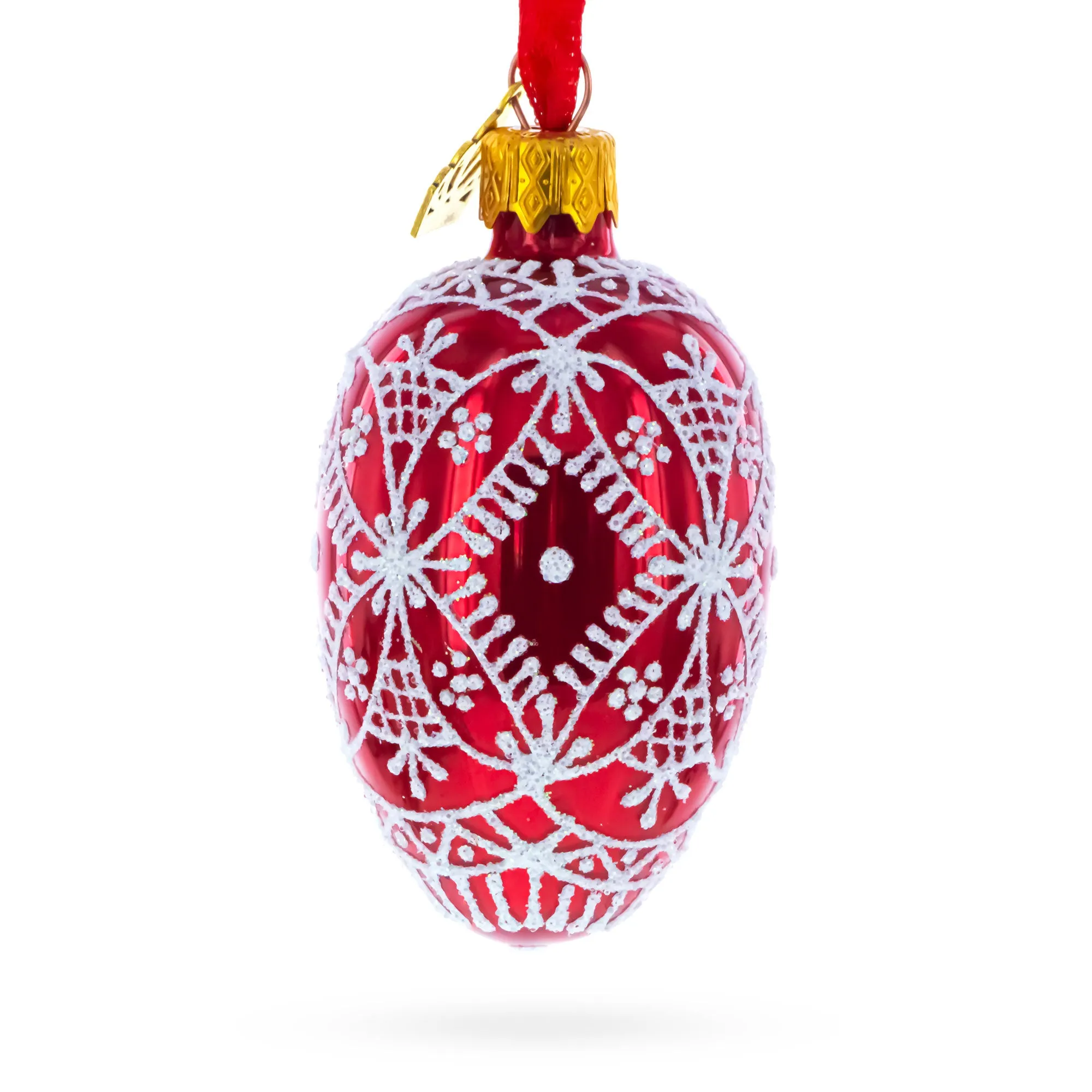 Red with White Glitter Snowflake Lace Design Mini Glass Egg Ornament 2.9 Inches