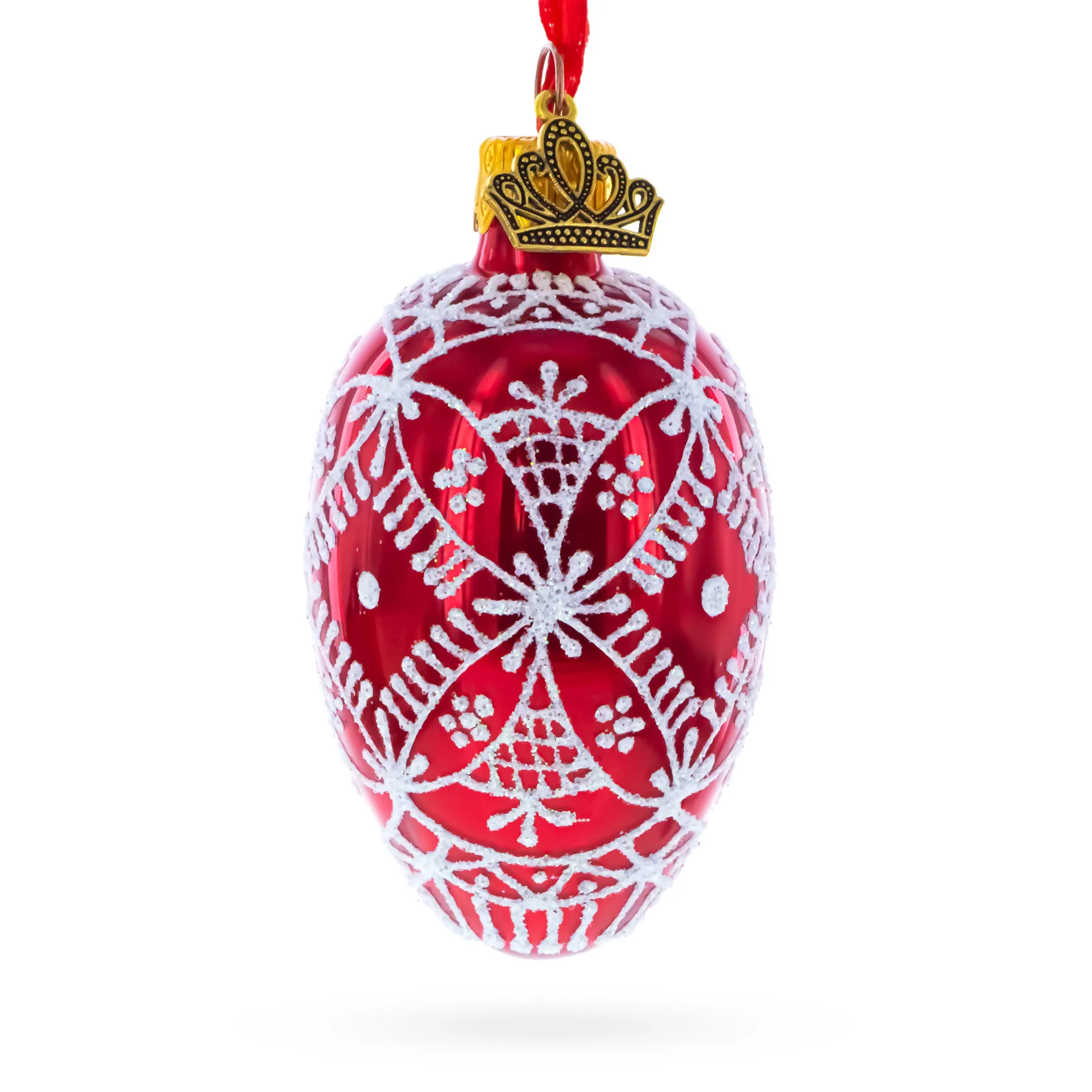 Red with White Glitter Snowflake Lace Design Mini Glass Egg Ornament 2.9 Inches