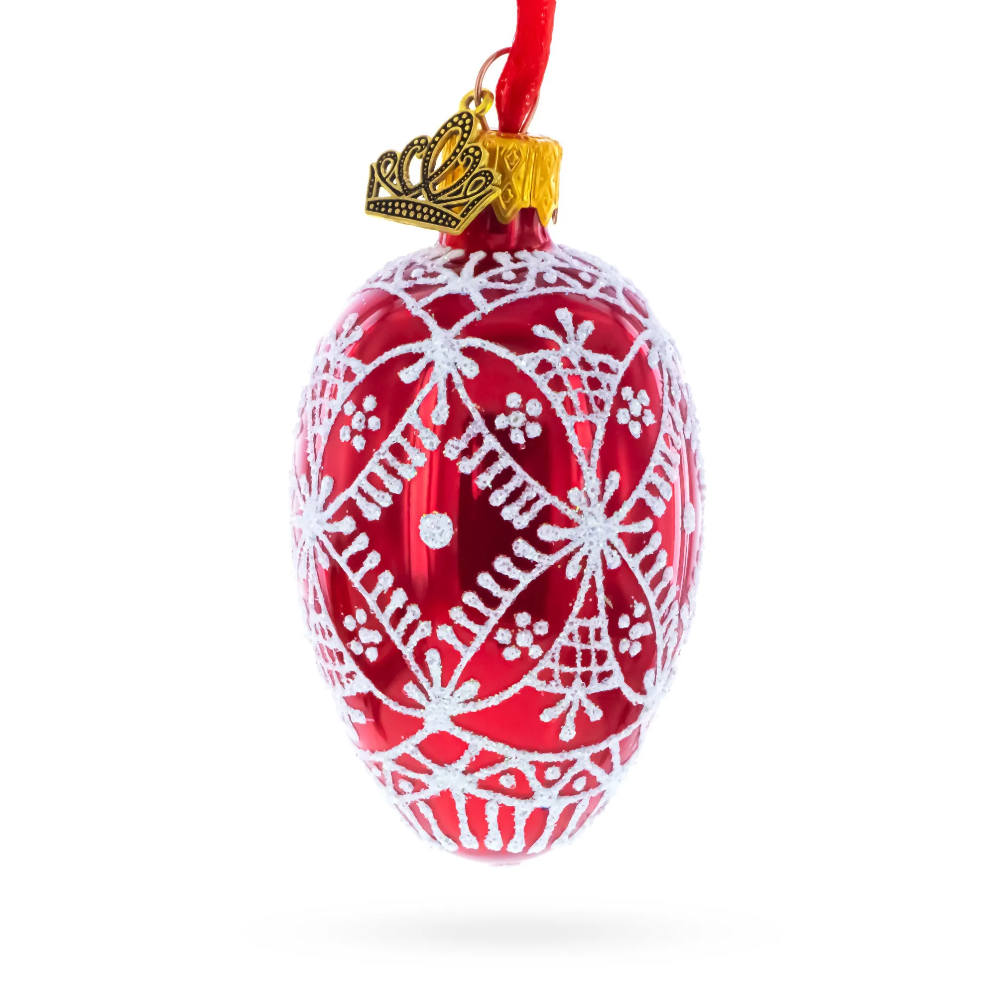 Red with White Glitter Snowflake Lace Design Mini Glass Egg Ornament 2.9 Inches