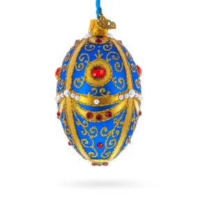 Royal Blue and Gold Ornate Jeweled Glass Egg Ornament 4 Inches