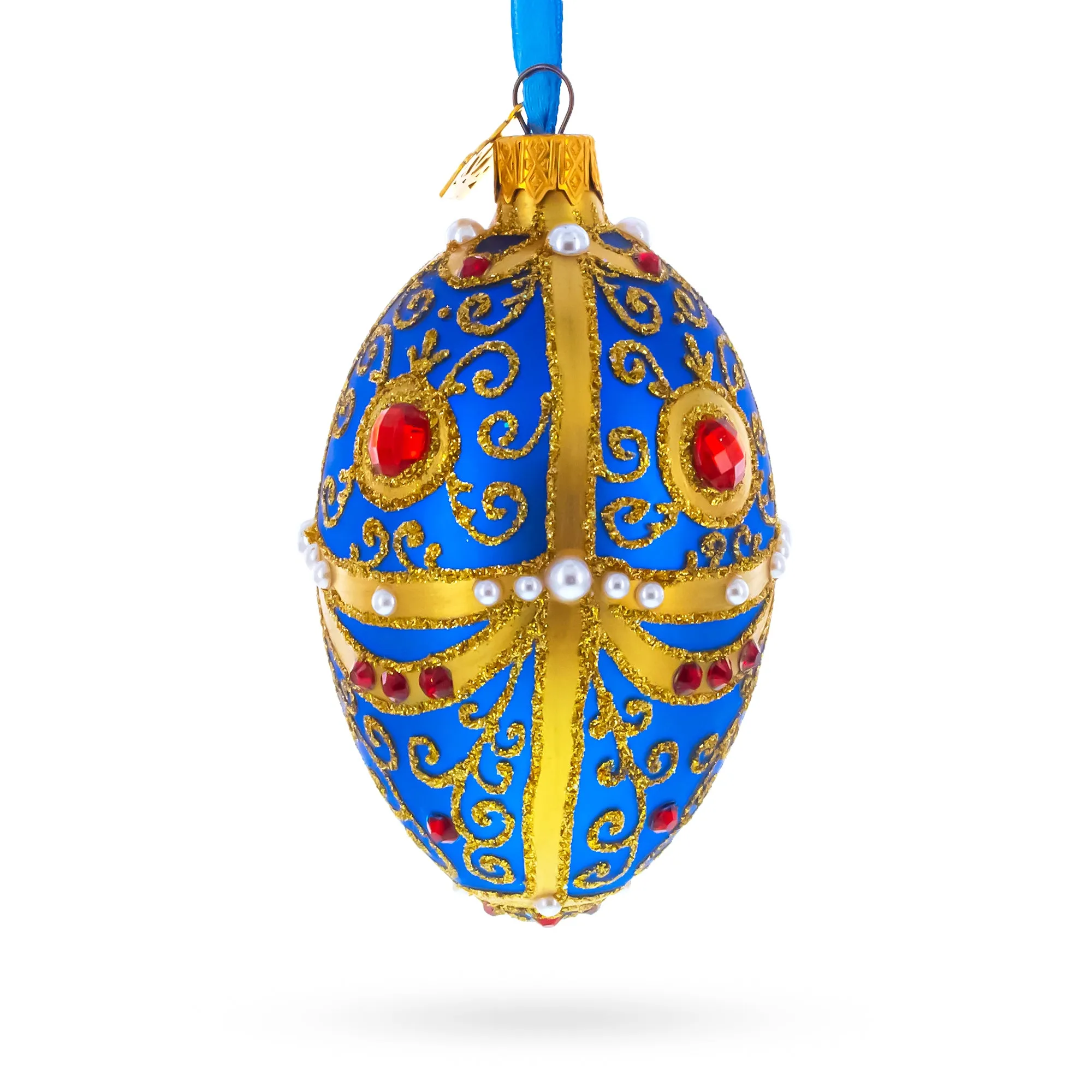 Royal Blue and Gold Ornate Jeweled Glass Egg Ornament 4 Inches