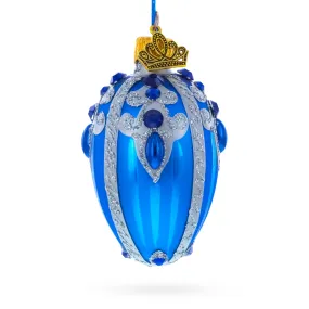 Royal Blue with Silver Glitter and Gem Accents Mini Glass Egg Ornament 2.9 Inches