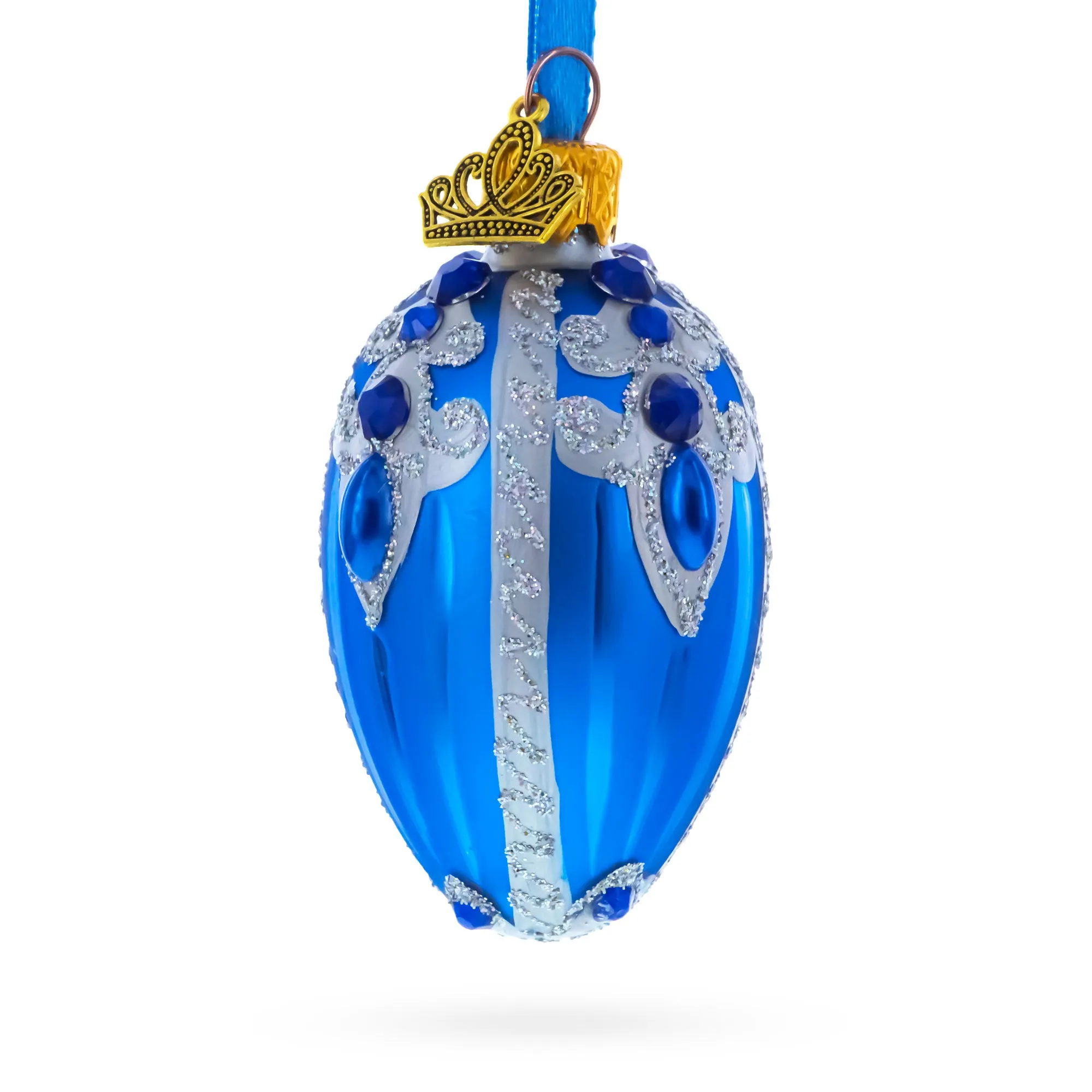 Royal Blue with Silver Glitter and Gem Accents Mini Glass Egg Ornament 2.9 Inches