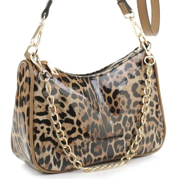 TEEK - Glossy Leopard Chain Link Crossbody Satchel