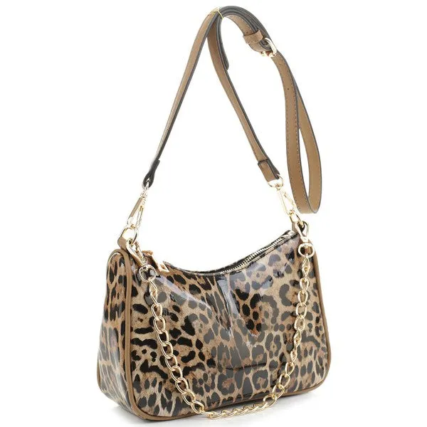 TEEK - Glossy Leopard Chain Link Crossbody Satchel