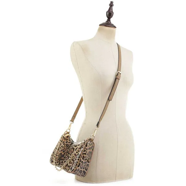 TEEK - Glossy Leopard Chain Link Crossbody Satchel