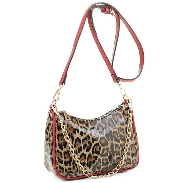 TEEK - Glossy Leopard Chain Link Crossbody Satchel