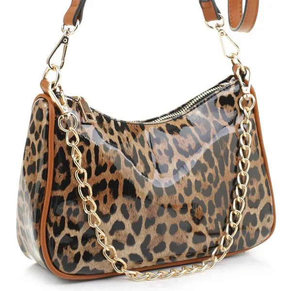 TEEK - Glossy Leopard Chain Link Crossbody Satchel