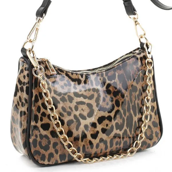 TEEK - Glossy Leopard Chain Link Crossbody Satchel