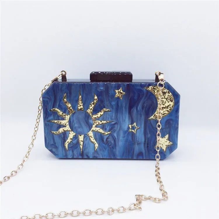 Women's Dark Blue Acrylic Handbag Fashion Star Moon Octagon Clutch Wedding Party Dress Bag