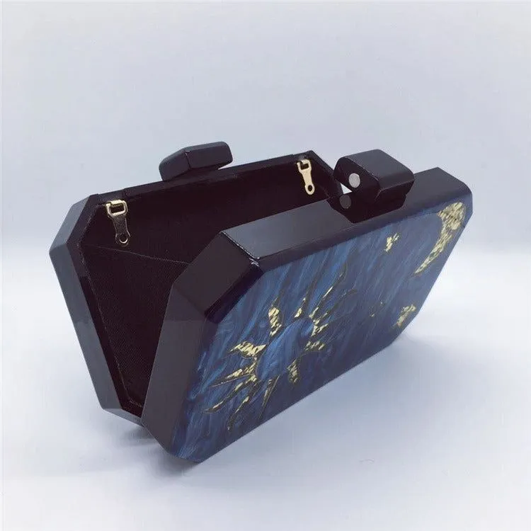 Women's Dark Blue Acrylic Handbag Fashion Star Moon Octagon Clutch Wedding Party Dress Bag